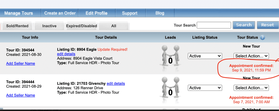 Appointment Dates in Manage Tours
